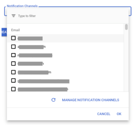 Caixa de diálogo de notificação que exibe os botões de atualização e gerenciamento de canais.