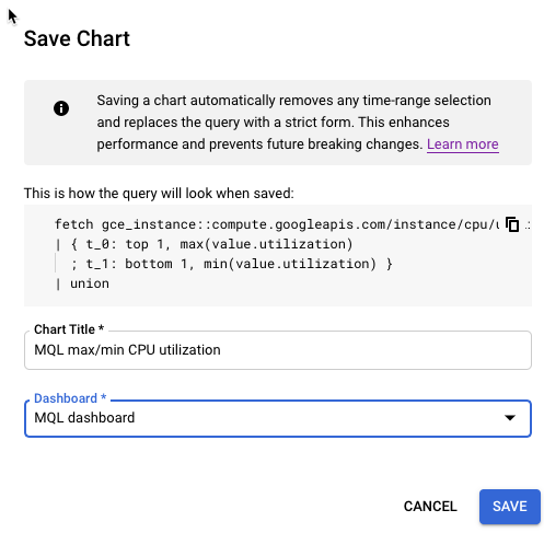 User interface for saving a chart.
