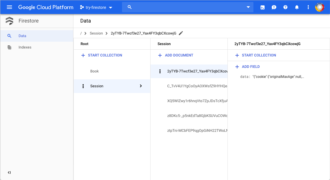 Sessões do Firestore no Console do Google Cloud.