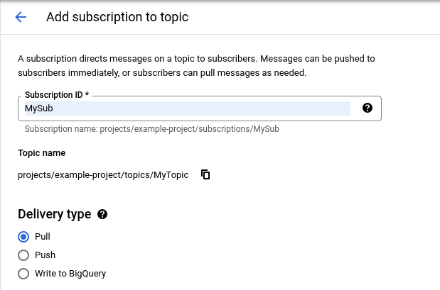Shows the new subscription dialog and typing your subscription
          name in the Subscription name field.