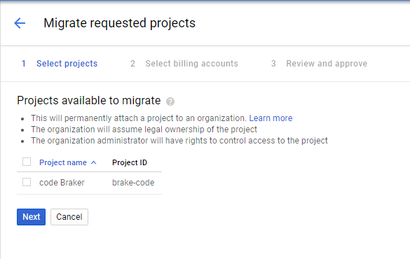 Seite "Projekte migrieren"