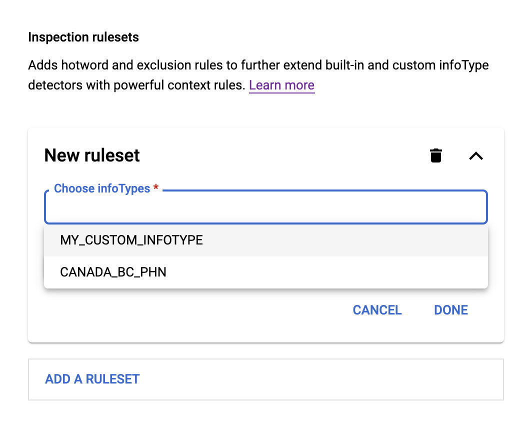 Screenshot of the DLP UI's inspection rulesets configuration.