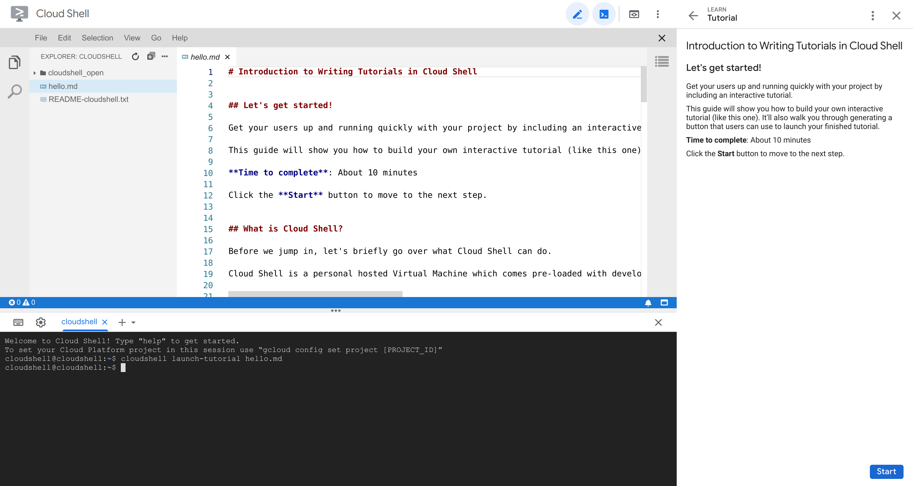 Screenshot: Eine in Cloud Shell ausgeführte Anleitung