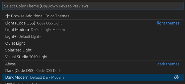Themes drop down with color themes options displayed