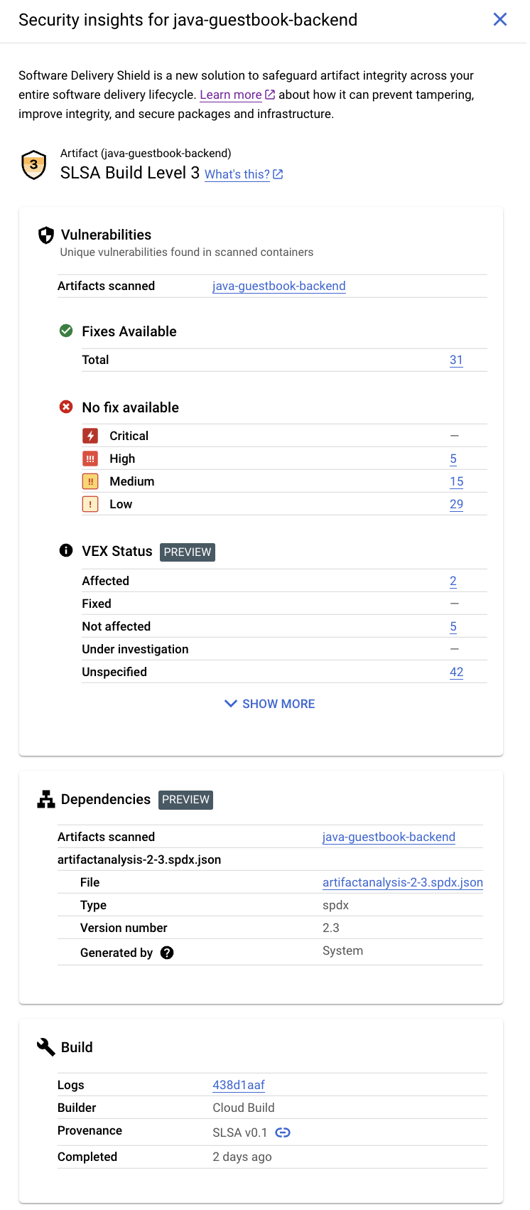 Screenshot des Software Delivery Shield-Bereichs