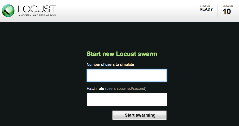Uma captura de tela da interface da Web inicial do Locust.