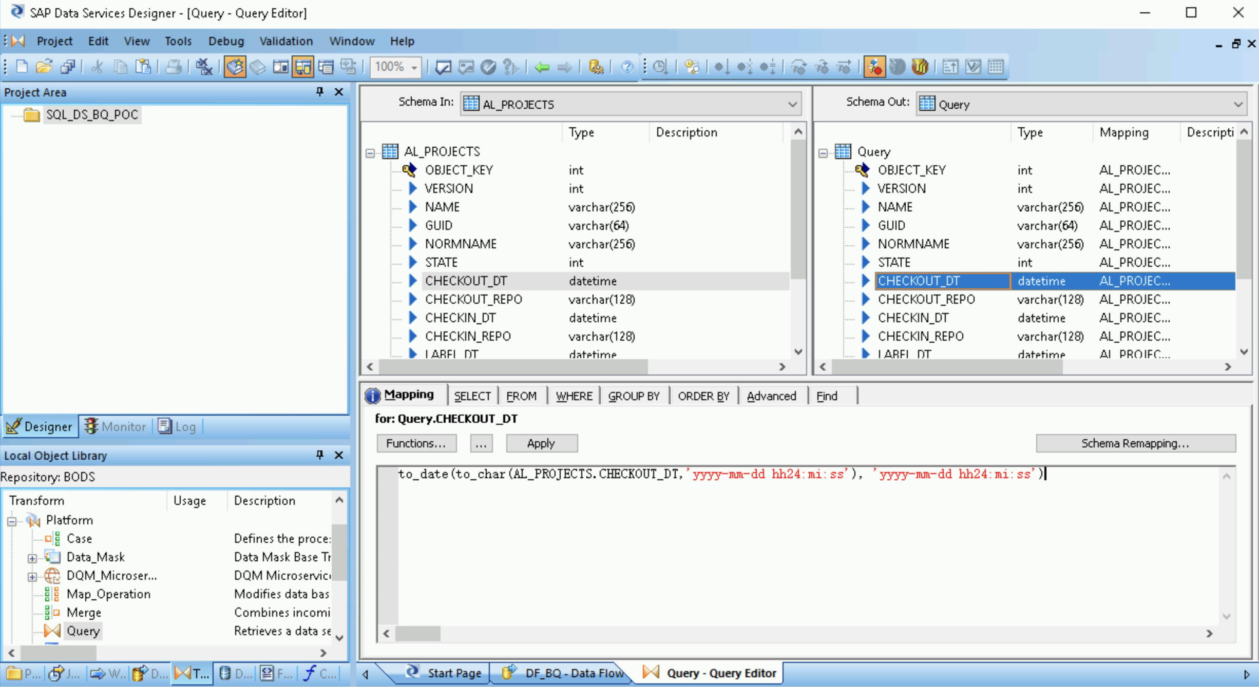 Captura de pantalla de SAP Data Services Designer en la que se muestra la conversión de tipo de datos de fecha y hora de un campo