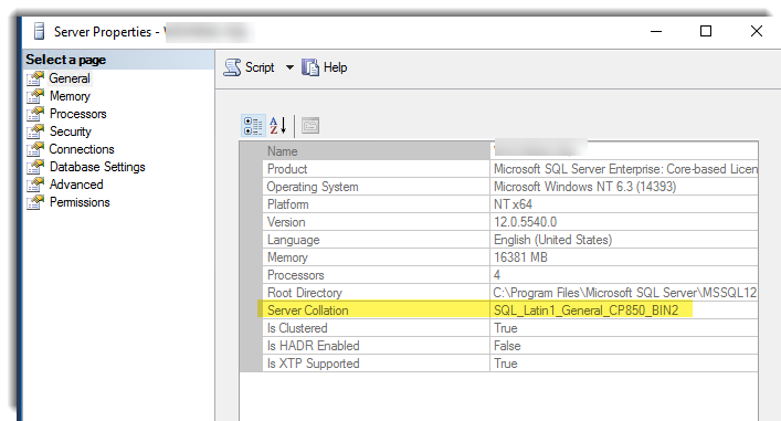 SQL Server dialog showing collation setting