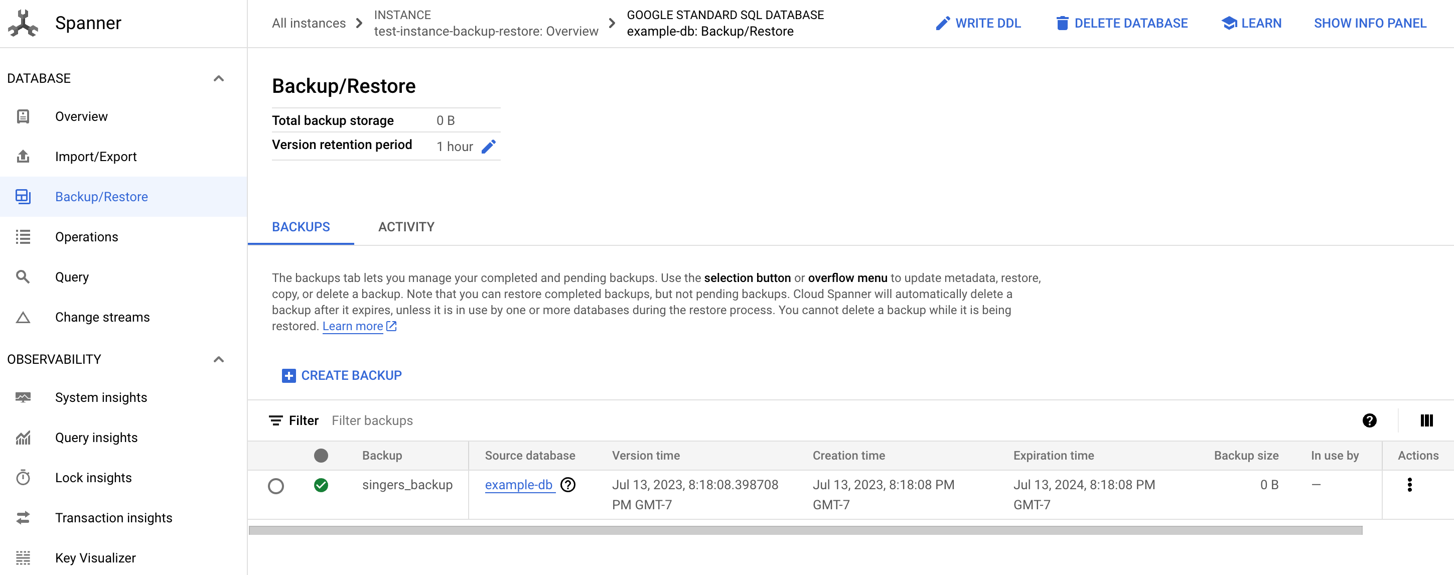 Captura de tela da guia "Backup e restauração" do banco de dados