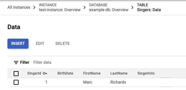 Screenshot of Singers table data with one row