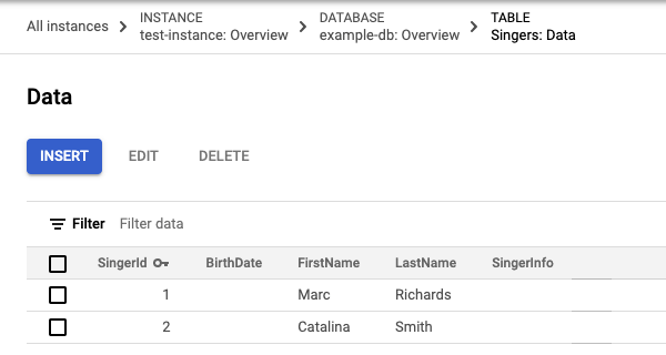 Screenshot of Singers table data with two rows