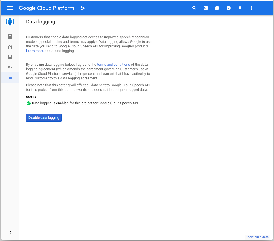 Google Cloud Console con el botón para inhabilitar el registro de datos