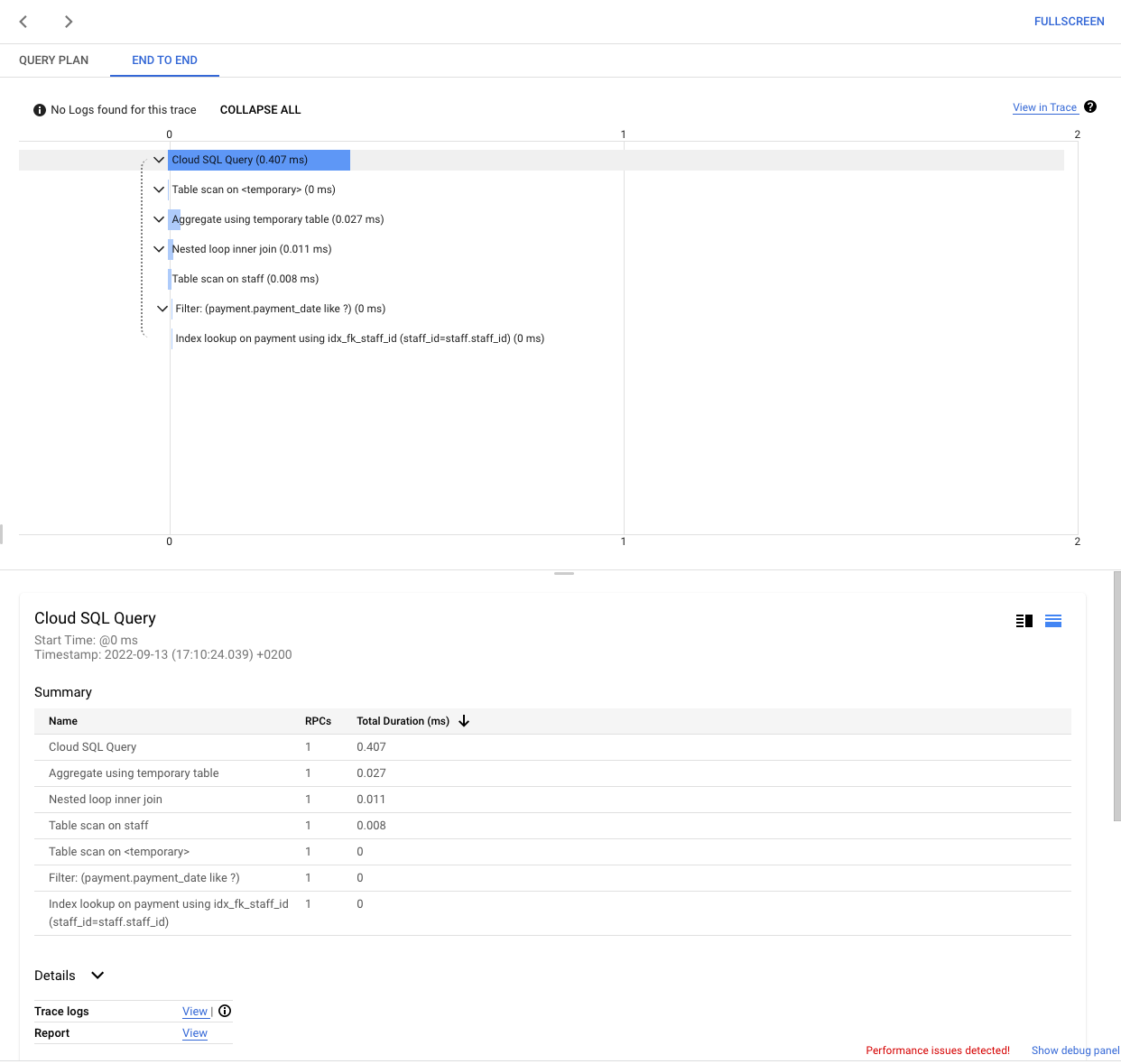 Wählen Sie ein End-to-End-Tag aus, um bestimmte Informationen über das Tag zu erhalten. Die Zusammenfassung zeigt die RPCs und die Gesamtdauer in ms für jeden Vorgang für dieses Tag an.