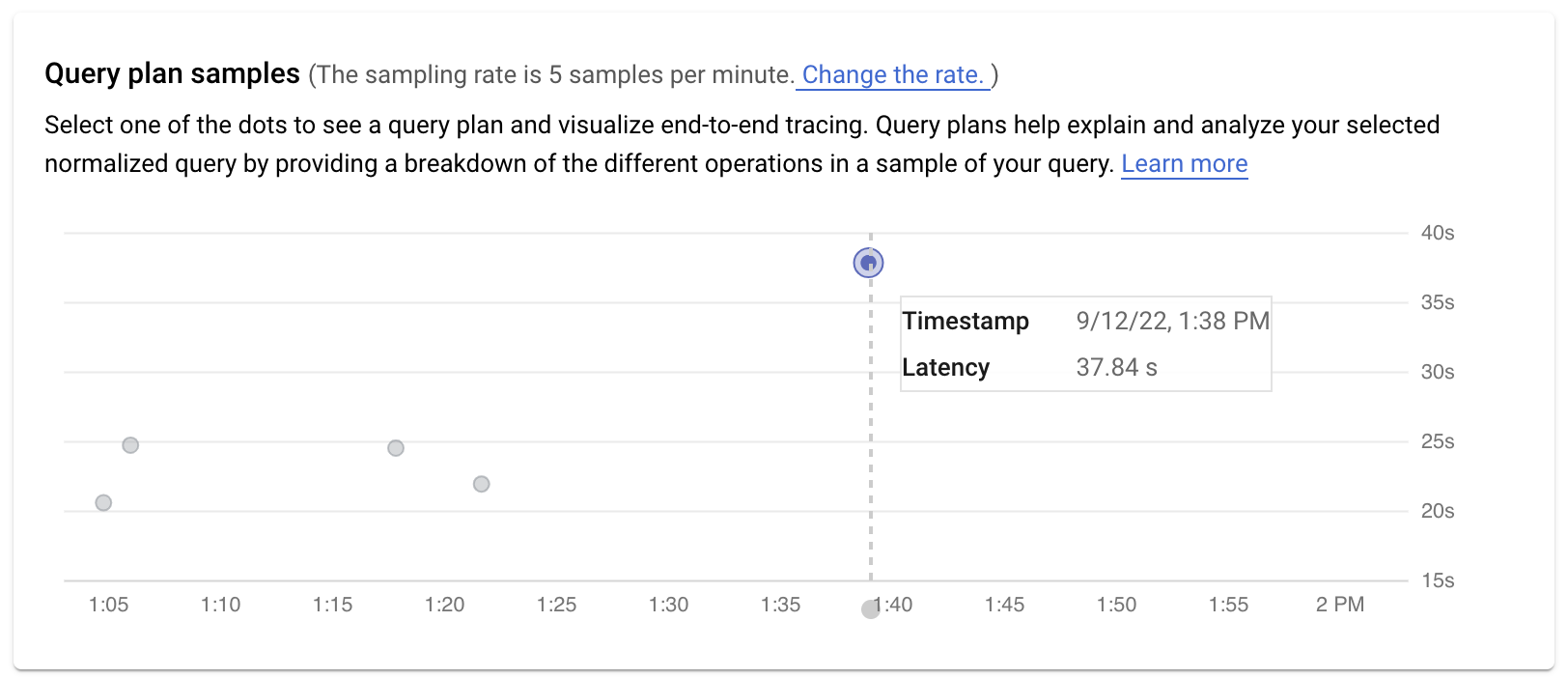 A graph for sample query plans, with the time when they
         were run at the bottom of the graph (x axis) and the number of seconds
         they ran on the right (y axis).