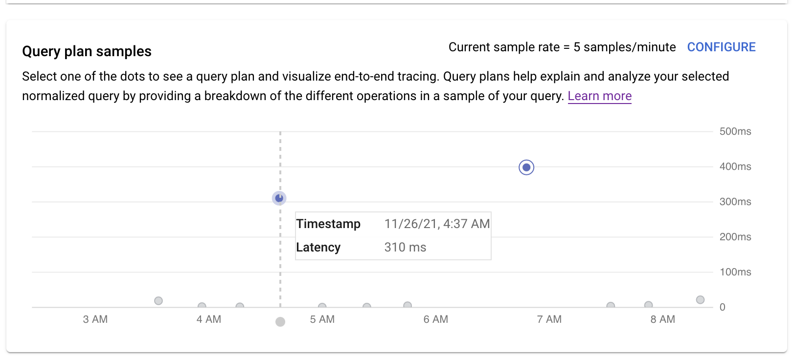 Um gráfico para amostras de planos de consulta,
com o tempo em que foram executados na parte inferior do gráfico (eixo x) e o número de segundos
em que foram executados à direita (eixo y).