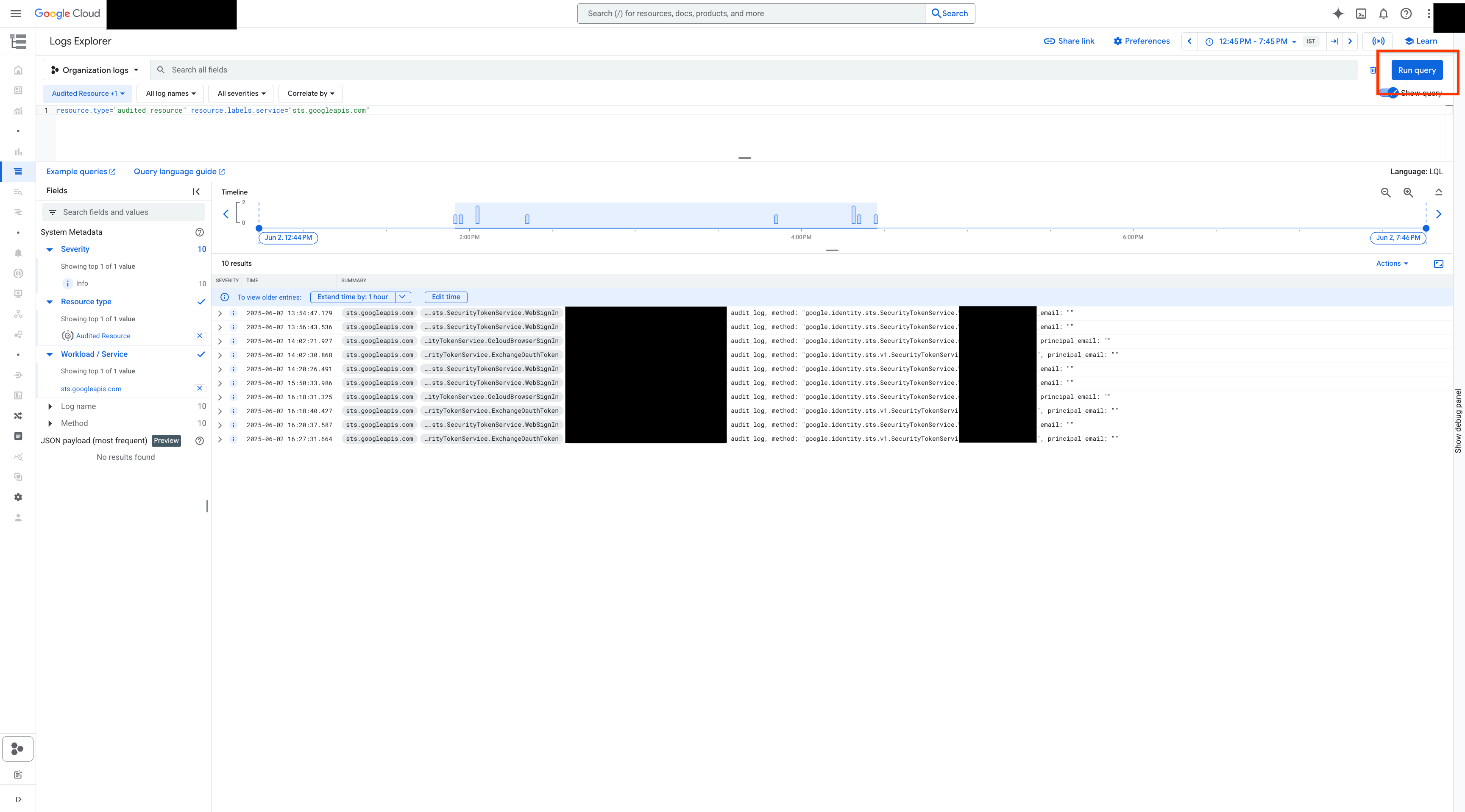 Shows the audit logs for Workforce Identity Federation.