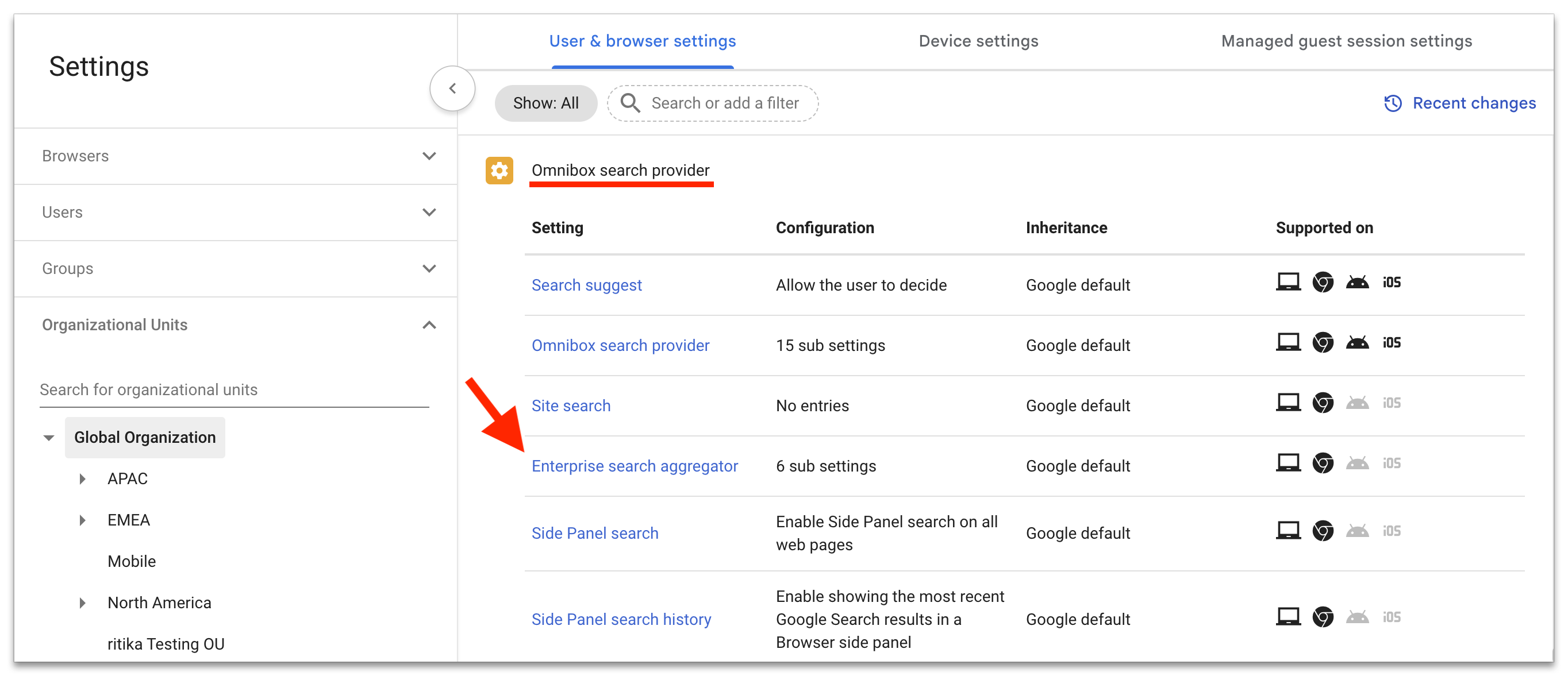 Enterprise search aggregator list entry