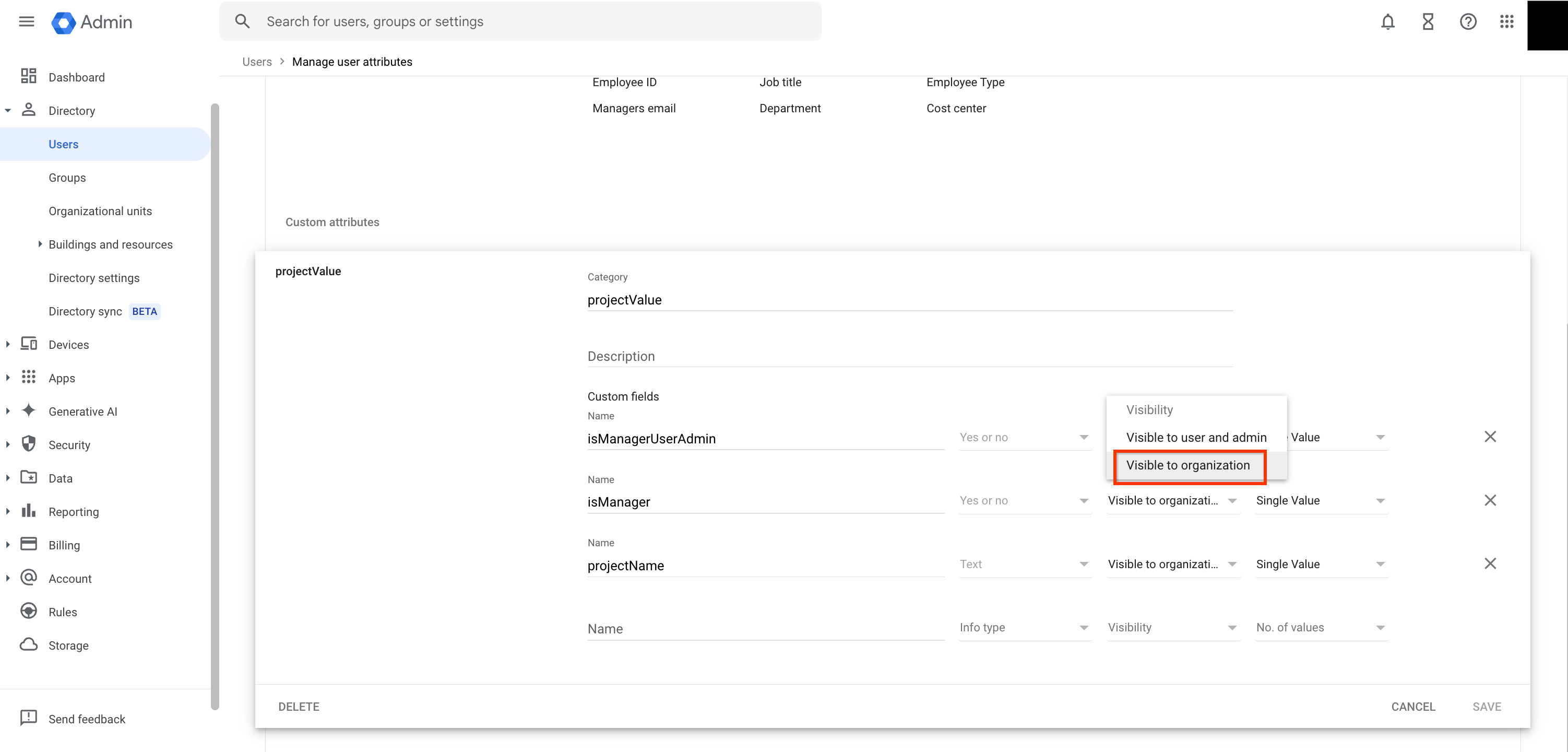 Set the visibility of the custom attribute to Visible to org
 anization.