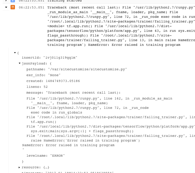 A log entry with its JSON payload section expanded