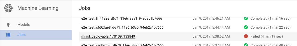 AI Platform Prediction のジョブリストに、失敗したジョブが表示されています。