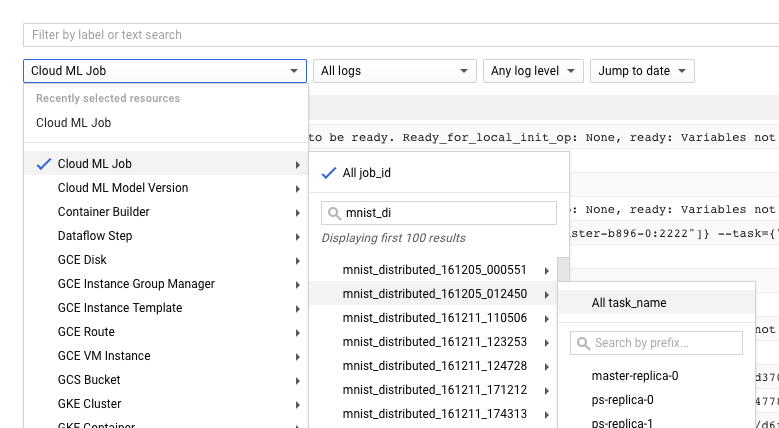 The log filter selectors all expanded.