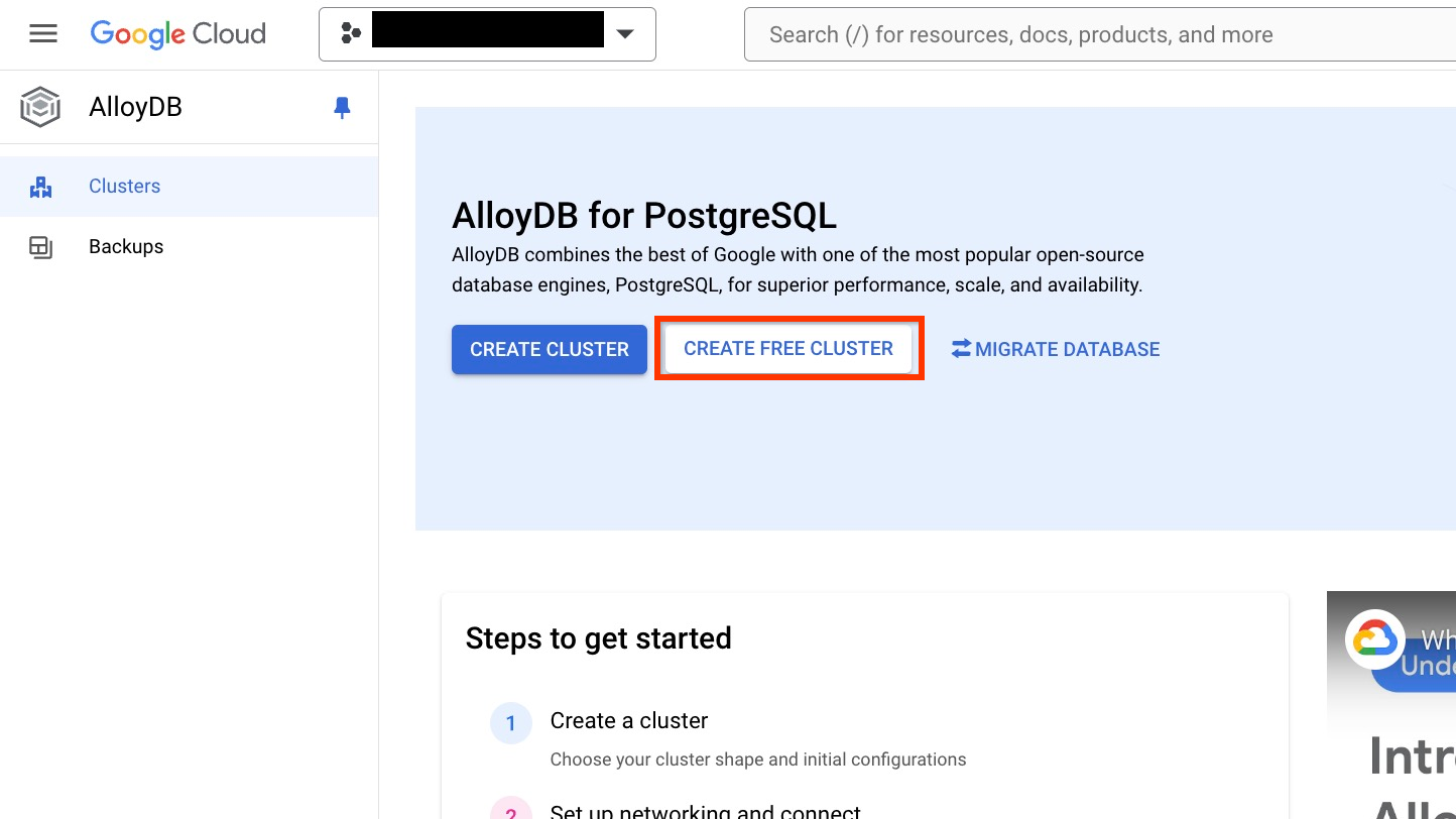 Screenshot of the AlloyDB landing page in the Google Cloud console, highlighting the Start a free trial button.