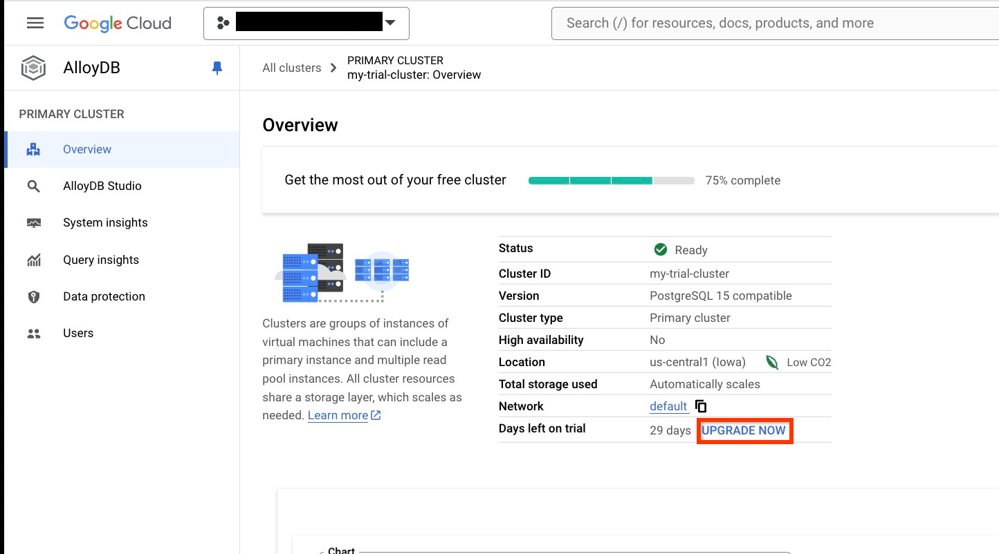  Google Cloud 控制台中 AlloyDB 概览页面的屏幕截图，其中突出显示了“立即升级”按钮。