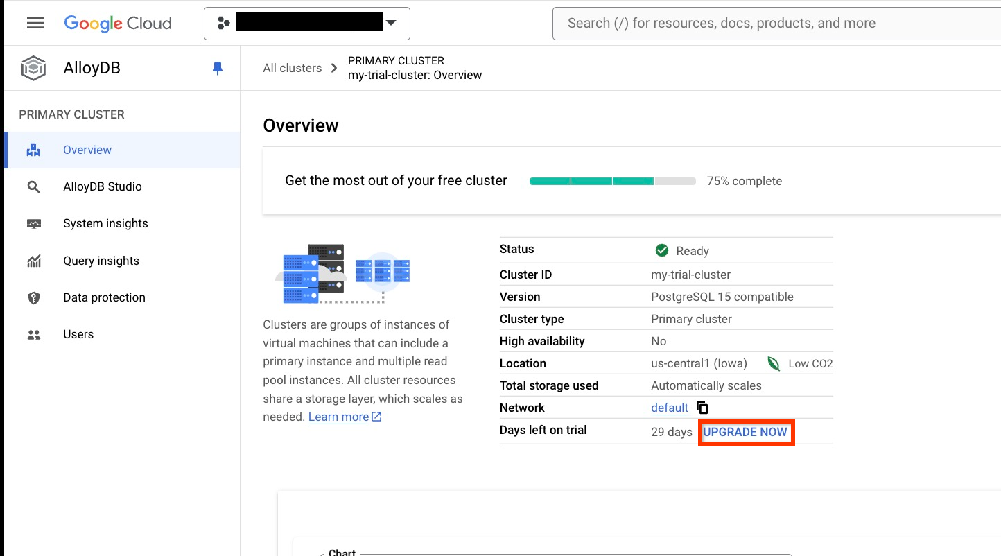 Screenshot della pagina Panoramica di AlloyDB nella console Google Cloud che mette in evidenza il pulsante Esegui l&#39;upgrade ora.