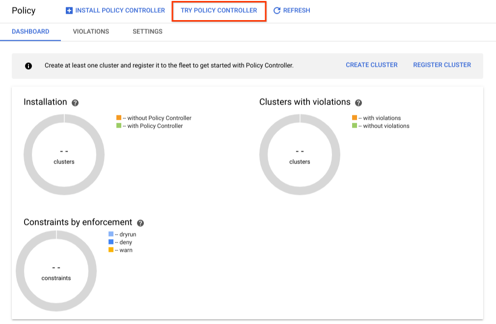 Screenshot der Seite Policy Controller, Config Sync und Config Controller in der Google Cloud Console