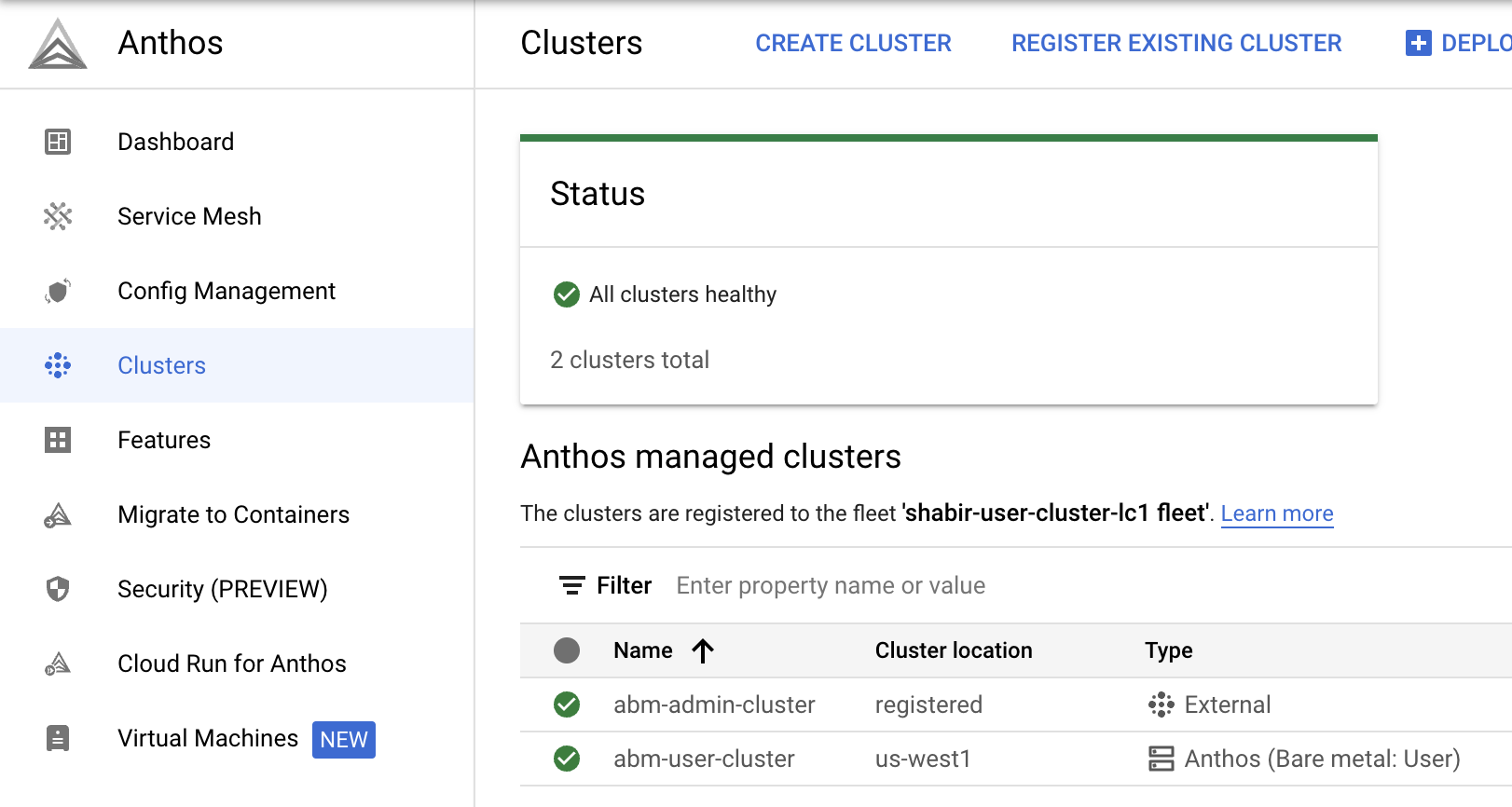 Lista de clusters do Anthos