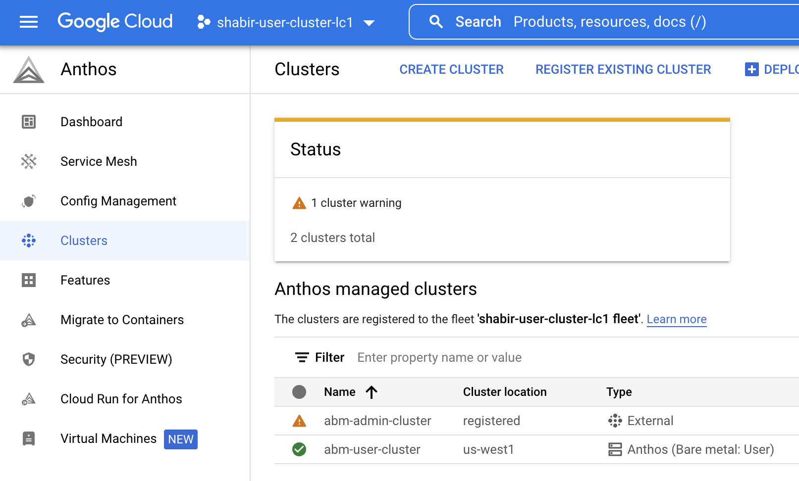 Daftar cluster screenshot