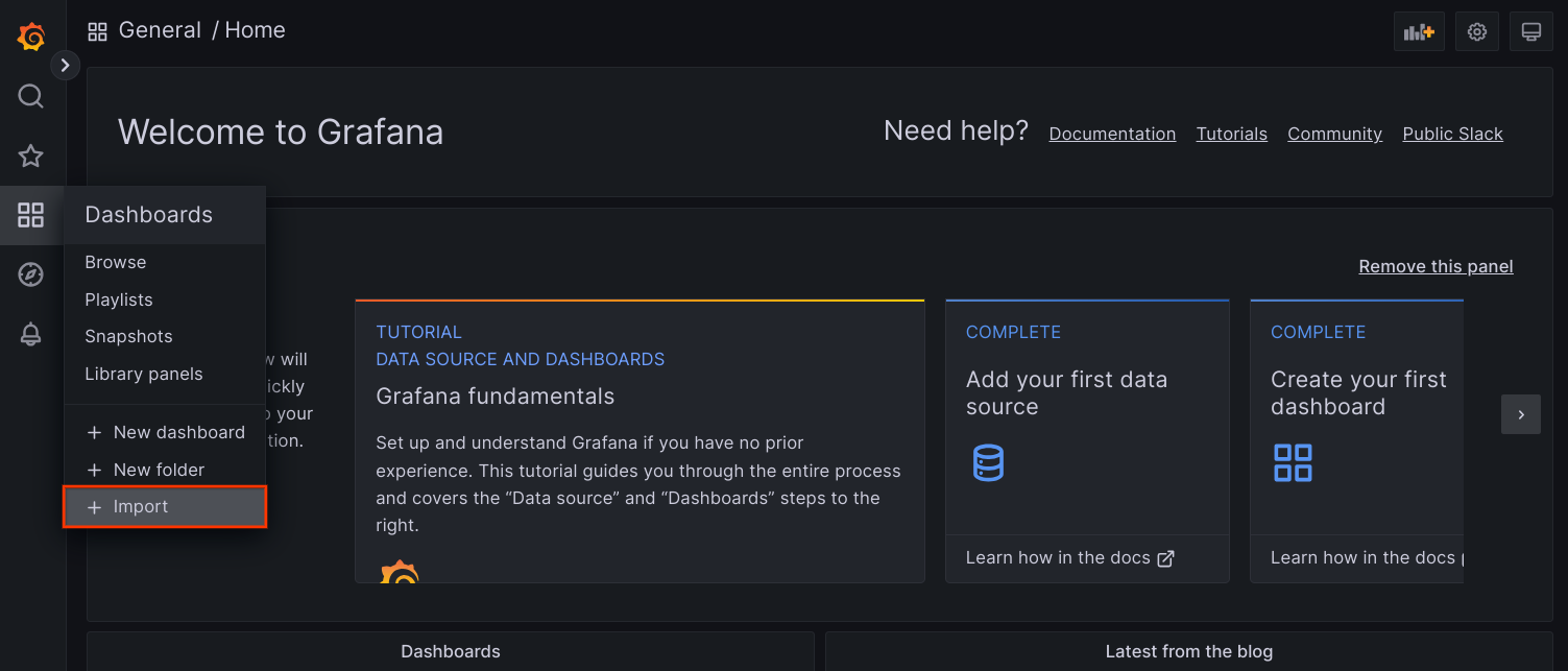 Navigating to dashboard import in Grafana.