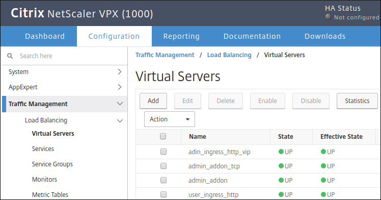 Captura de pantalla en la que se muestra cómo agregar un servidor virtual en la interfaz de usuario de Citrix (haz clic para ampliar)