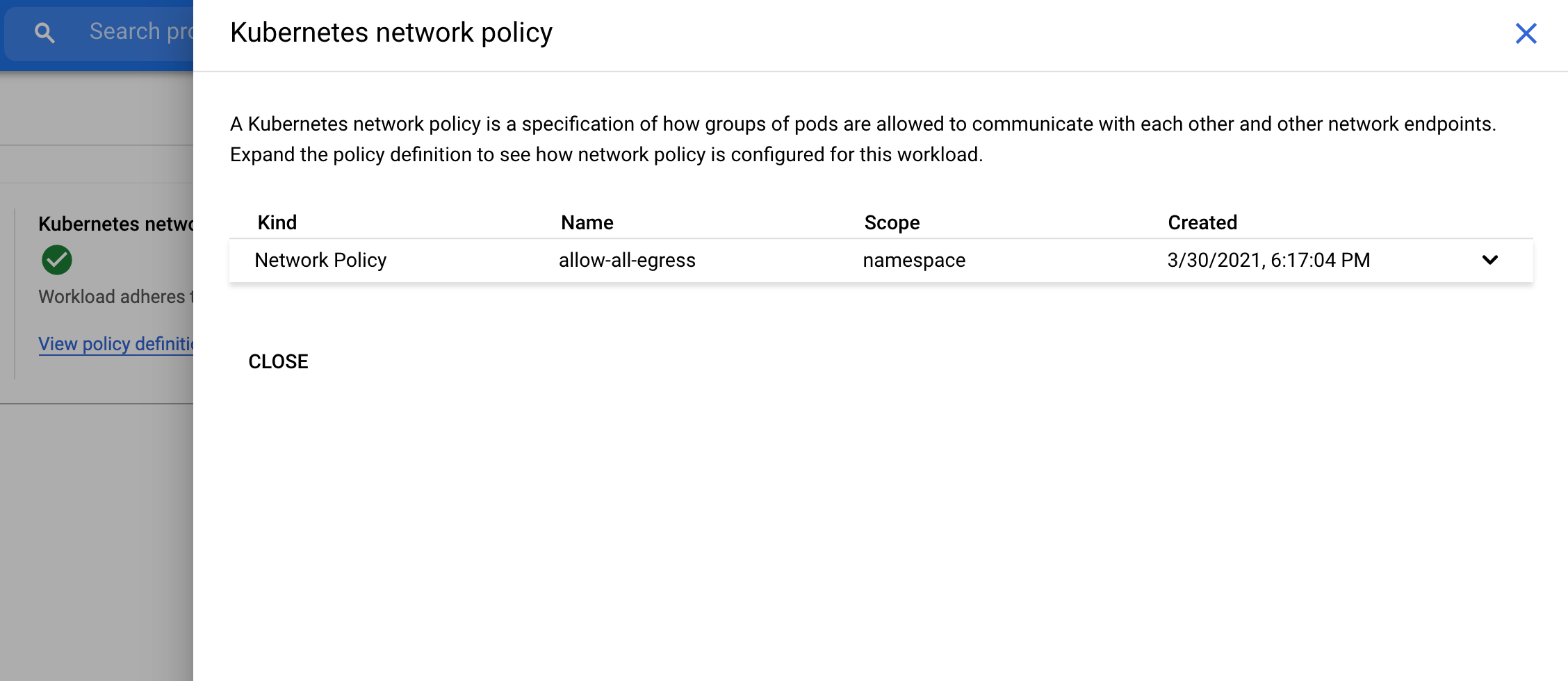 Captura de pantalla del vínculo a una política de red