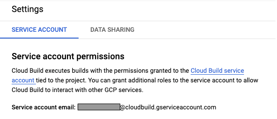 Screenshot della pagina delle impostazioni di Cloud Build
