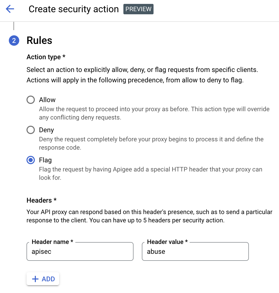 螢幕截圖：顯示在 API 安全性動作 UI 中，以值濫用行為設定的標頭 apisec