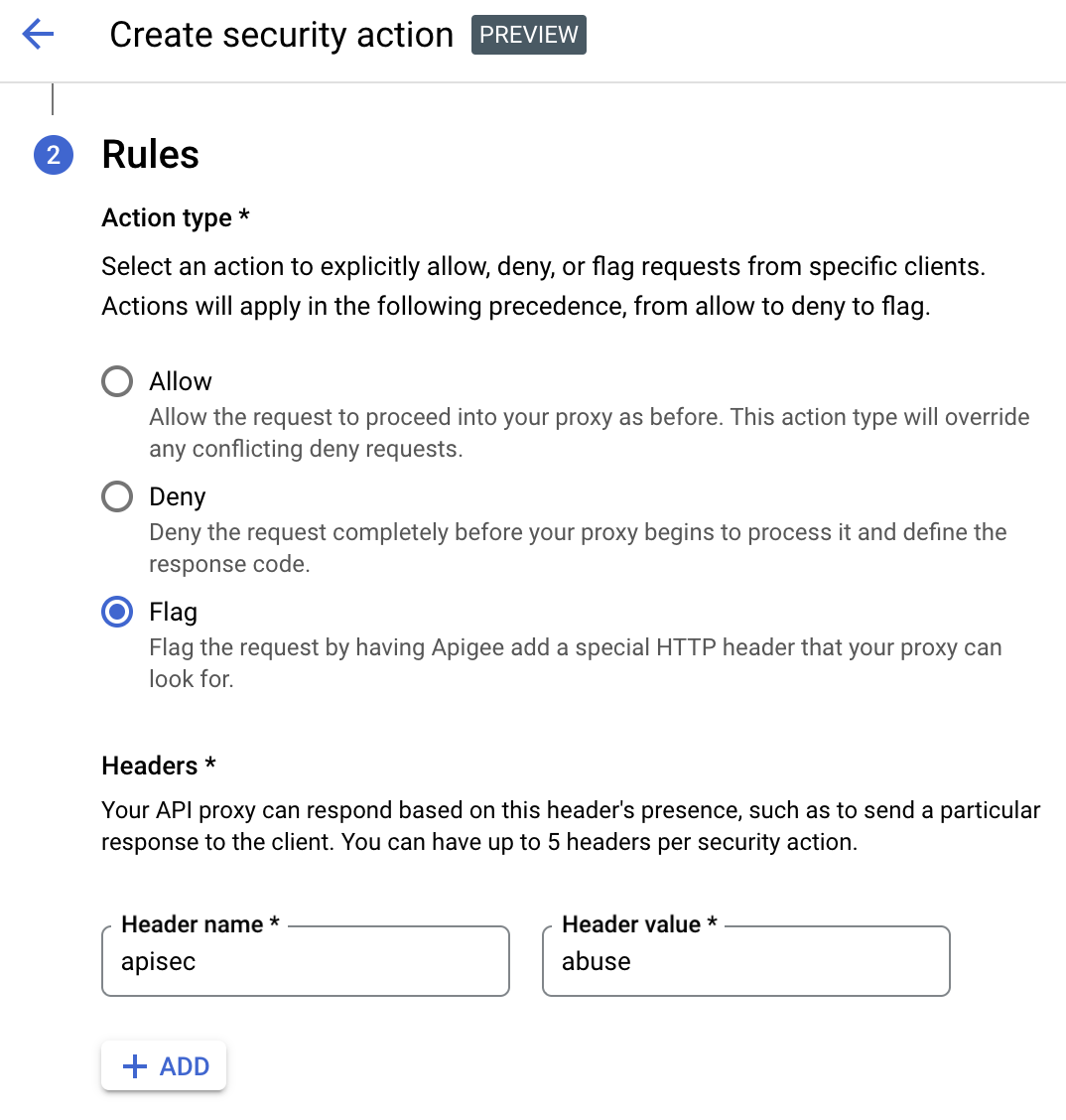 Capture d&#39;écran montrant l&#39;en-tête apisec configuré avec une utilisation abusive de valeur dans l&#39;interface utilisateur Advanced API Security