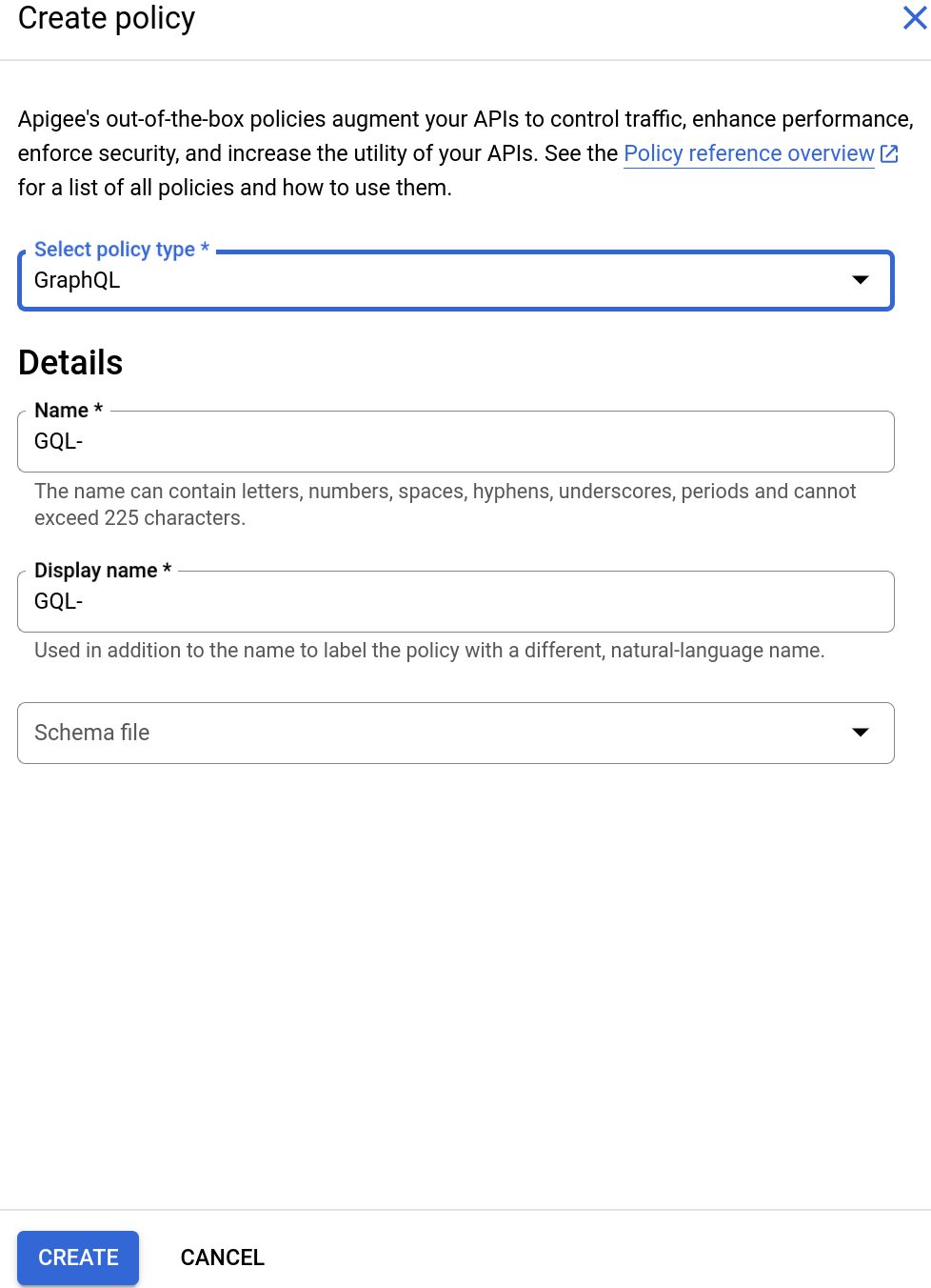 Dialog Create Policy GraphQL.