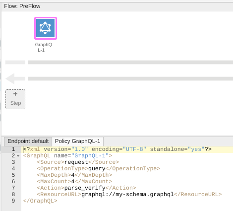 「PreFlow」窗格，其中包含 GraphQL 政策。
