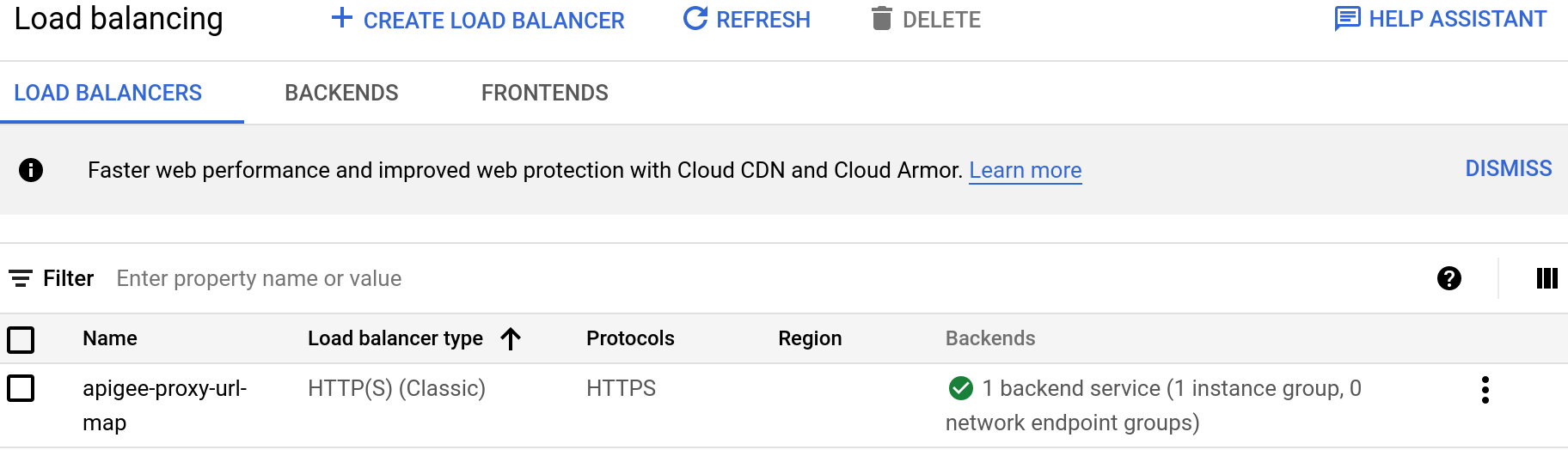 Load balancing page in the Google Cloud Platform