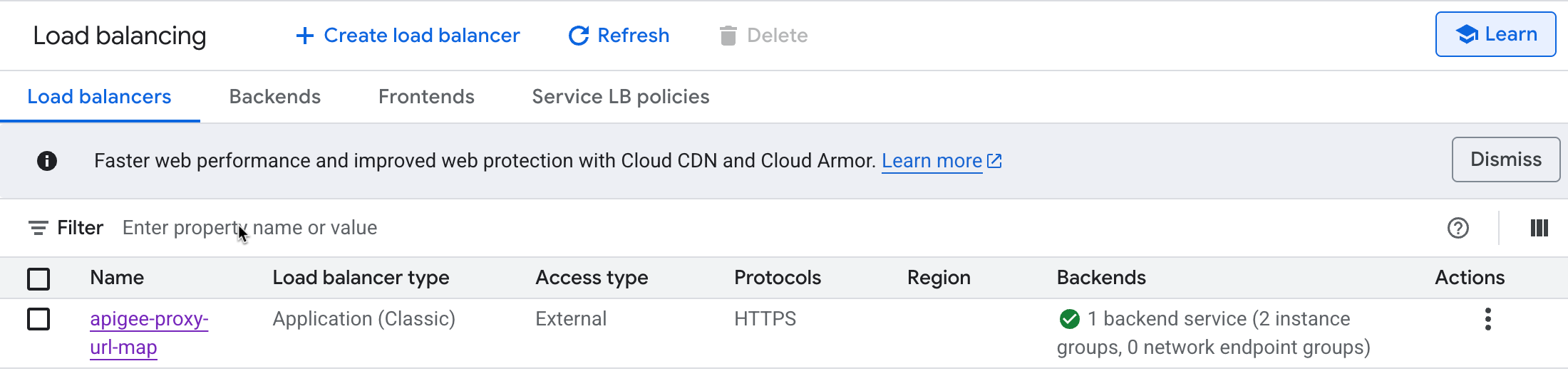 Google Cloud Platform 的「負載平衡」頁面