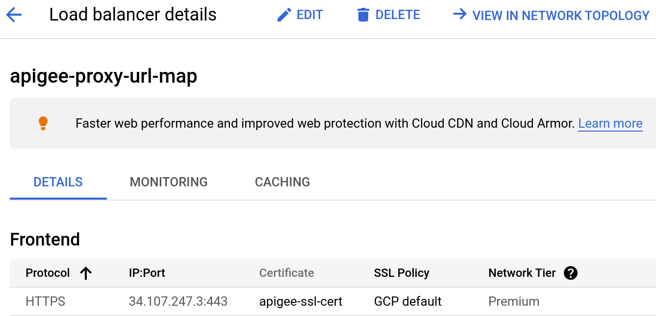 Página de detalles del balanceador de cargas en Google Cloud Platform
