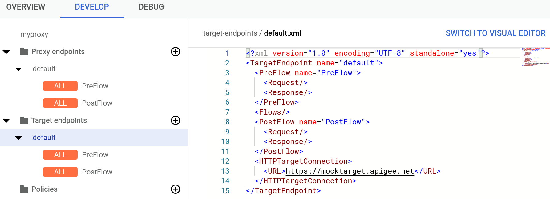 Code XML pour le proxy affiché dans l'éditeur de texte.