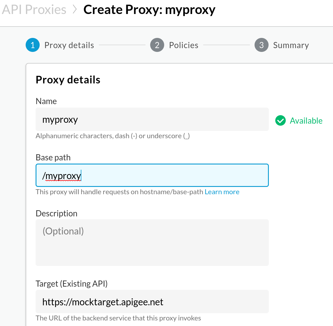 Detalhes de proxy mostrando nome, caminho base, descrição e destino