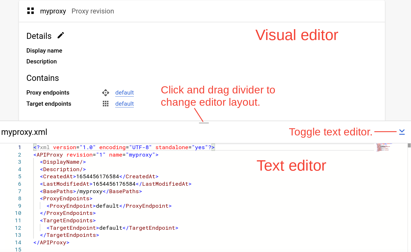 Editor visual dan teks dengan pemisah yang dapat dipilih.