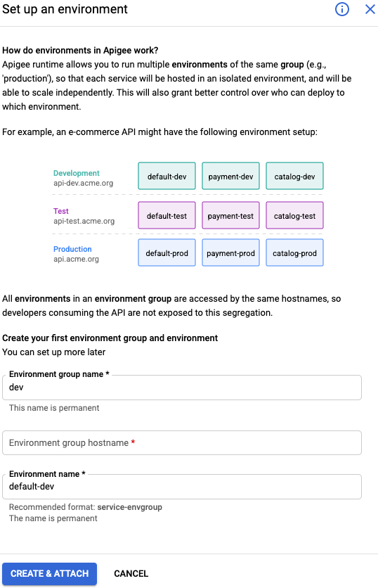 Écran "Créer un environnement"