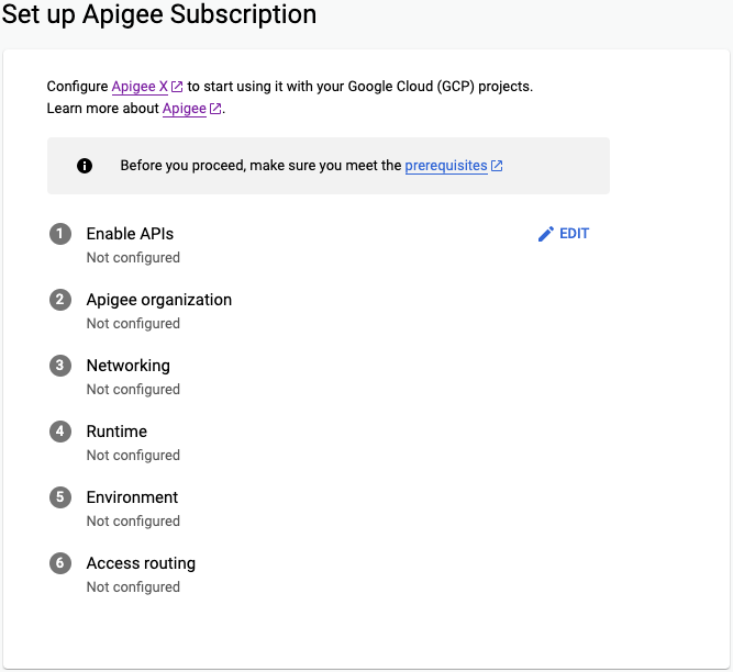 Page de configuration de l'abonnement Apigee de l'assistant de provisionnement Apigee
