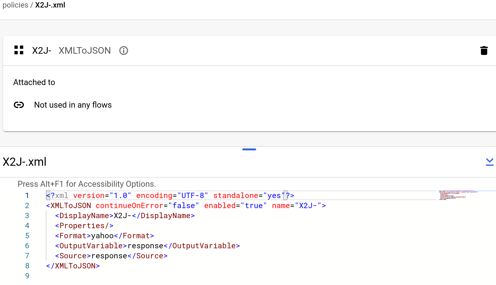 Kebijakan XML To JSON ditampilkan dalam tampilan Pengembangan.