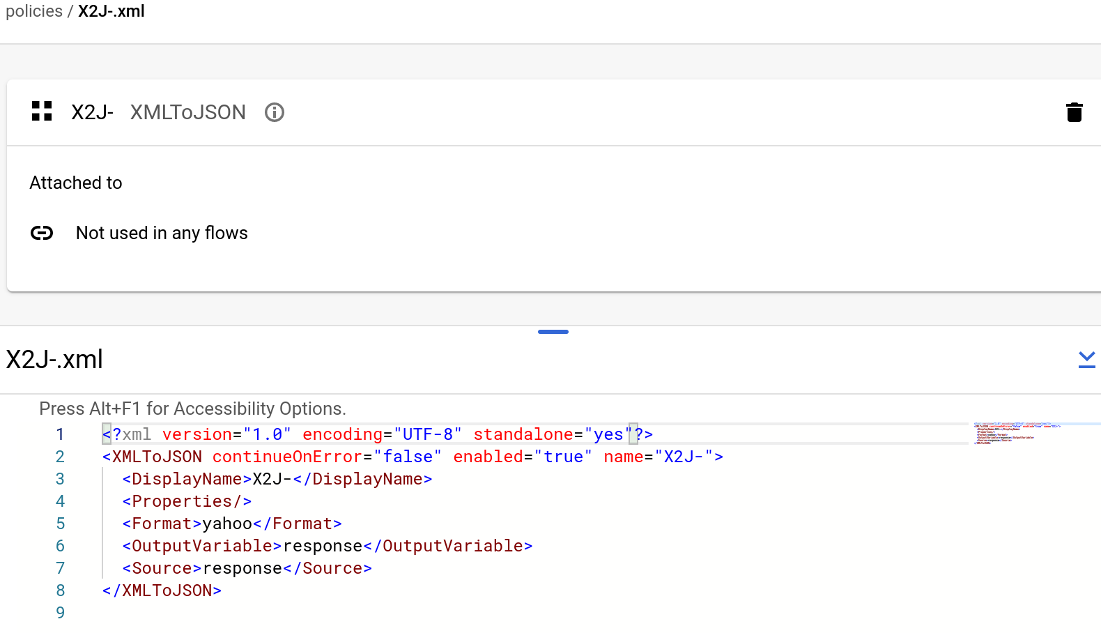 XML To JSON policy displayed in Develop view.