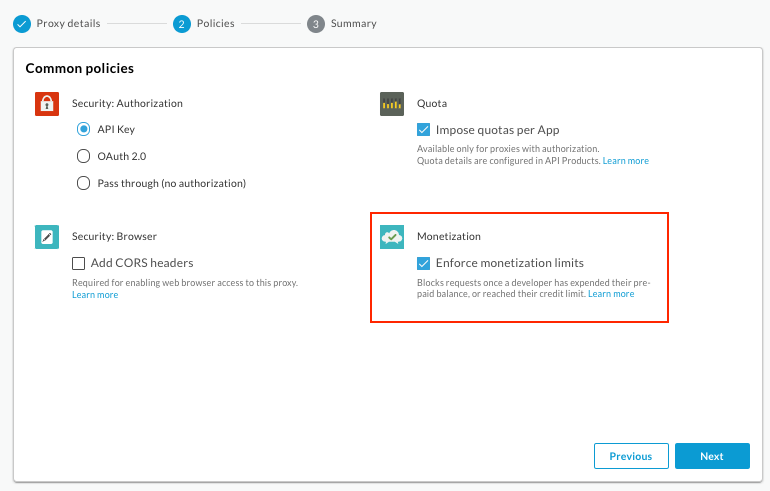 Seite der allgemeinen Richtlinien des Assistenten &quot;Proxy erstellen&quot; mit ausgewählter Option &quot;Enforce Limits Check&quot;